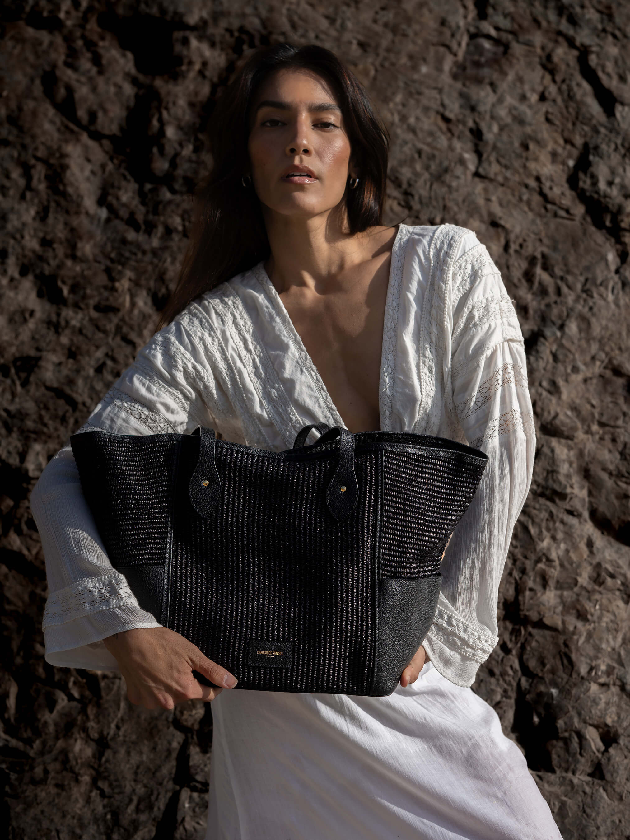 The Raffia Tote - Black Raffia & Madras Grain Leather - Image 3