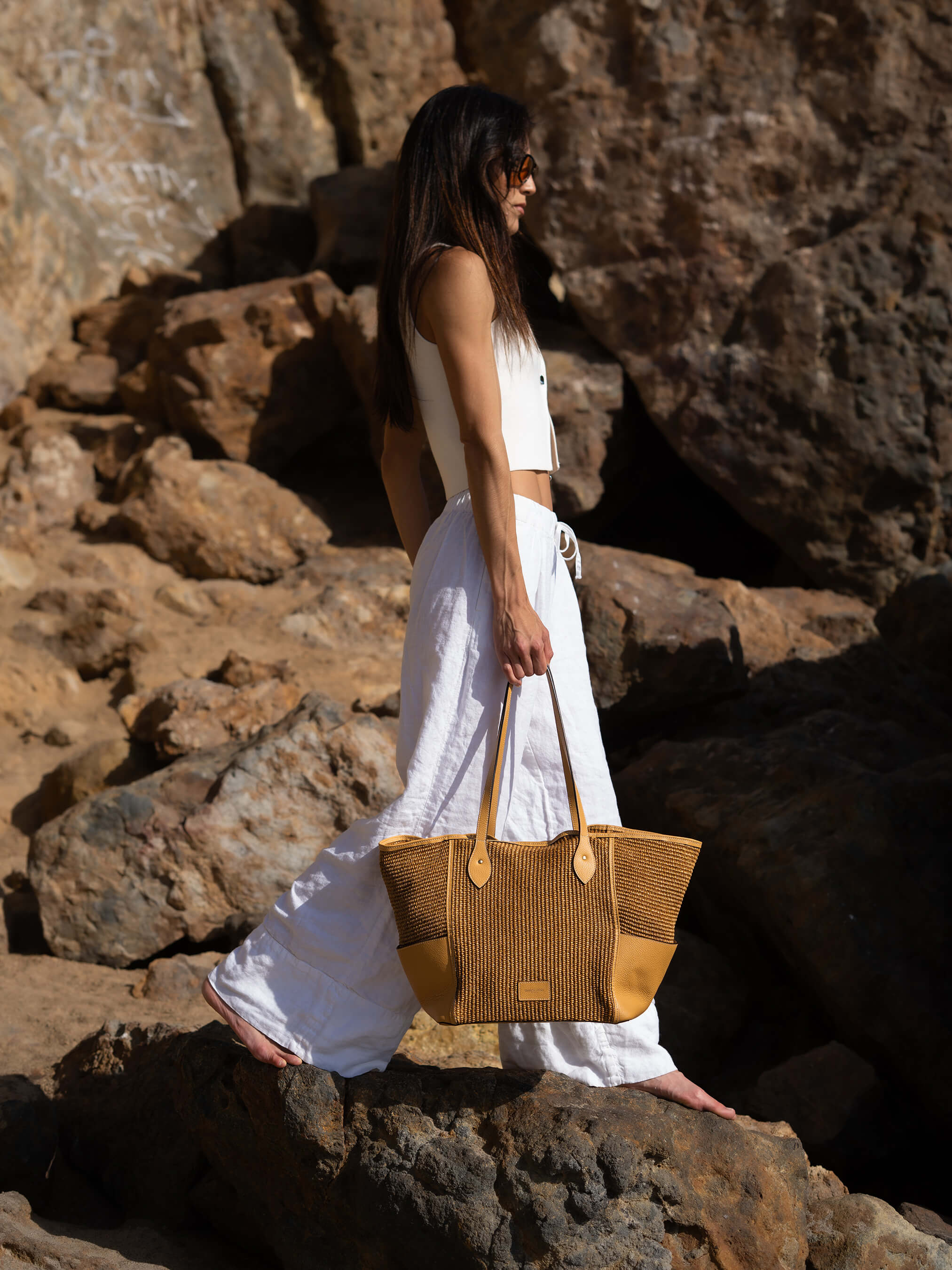 The Raffia Tote - Sand Raffia & Madras Grain Leather - Image 3