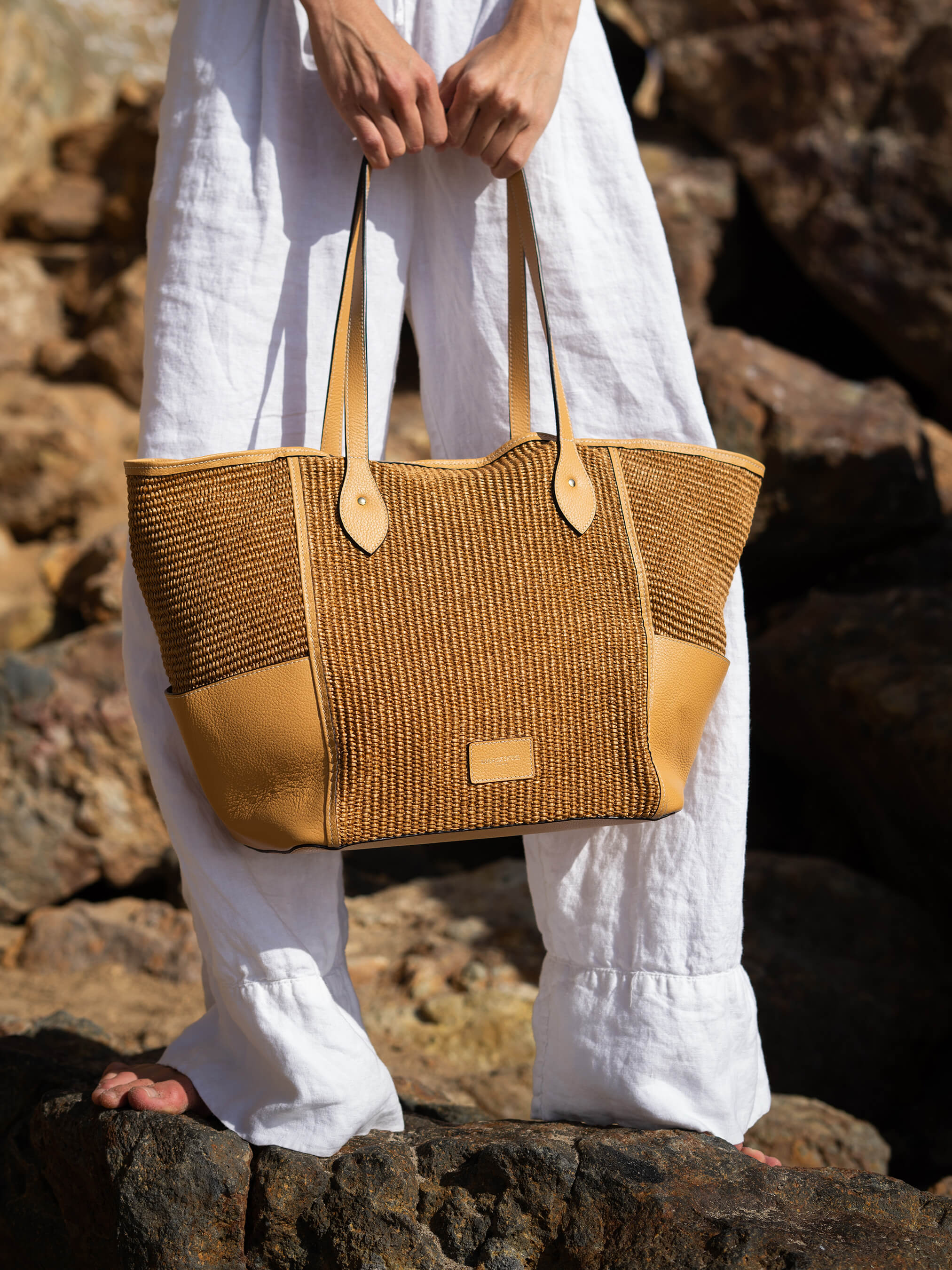 The Raffia Tote - Sand Raffia & Madras Grain Leather - Image 6